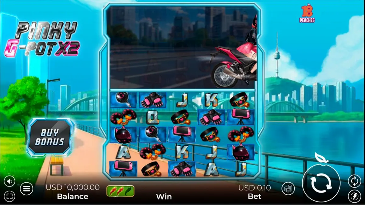 Tampilan neon futuristik dari slot Pinky G-Pot X2 dengan elemen balap motor.